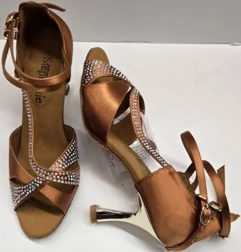 2.5" Dominique -- Women's Gold Flare Heel Latin Sandal -- Dark Tan Satin/Gold Heel