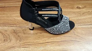 2.5" Virginia -- Women's Silver Flare Heel Latin Sandal -- Black Satin