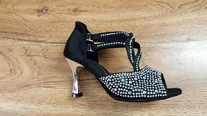2.5" Virginia -- Women's Silver Flare Heel Latin Sandal -- Black Satin