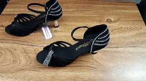 2" Sabrina -- Women's Silver Flare Heel Latin Sandal -- Black Satin