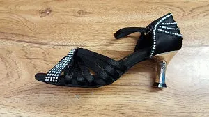 2" Sabrina -- Women's Silver Flare Heel Latin Sandal -- Black Satin