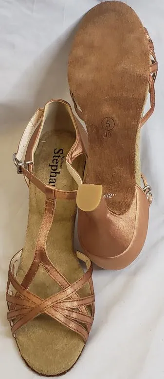 2" Wania -- Women's Flare Heel Latin Sandal -- Dark Tan Satin