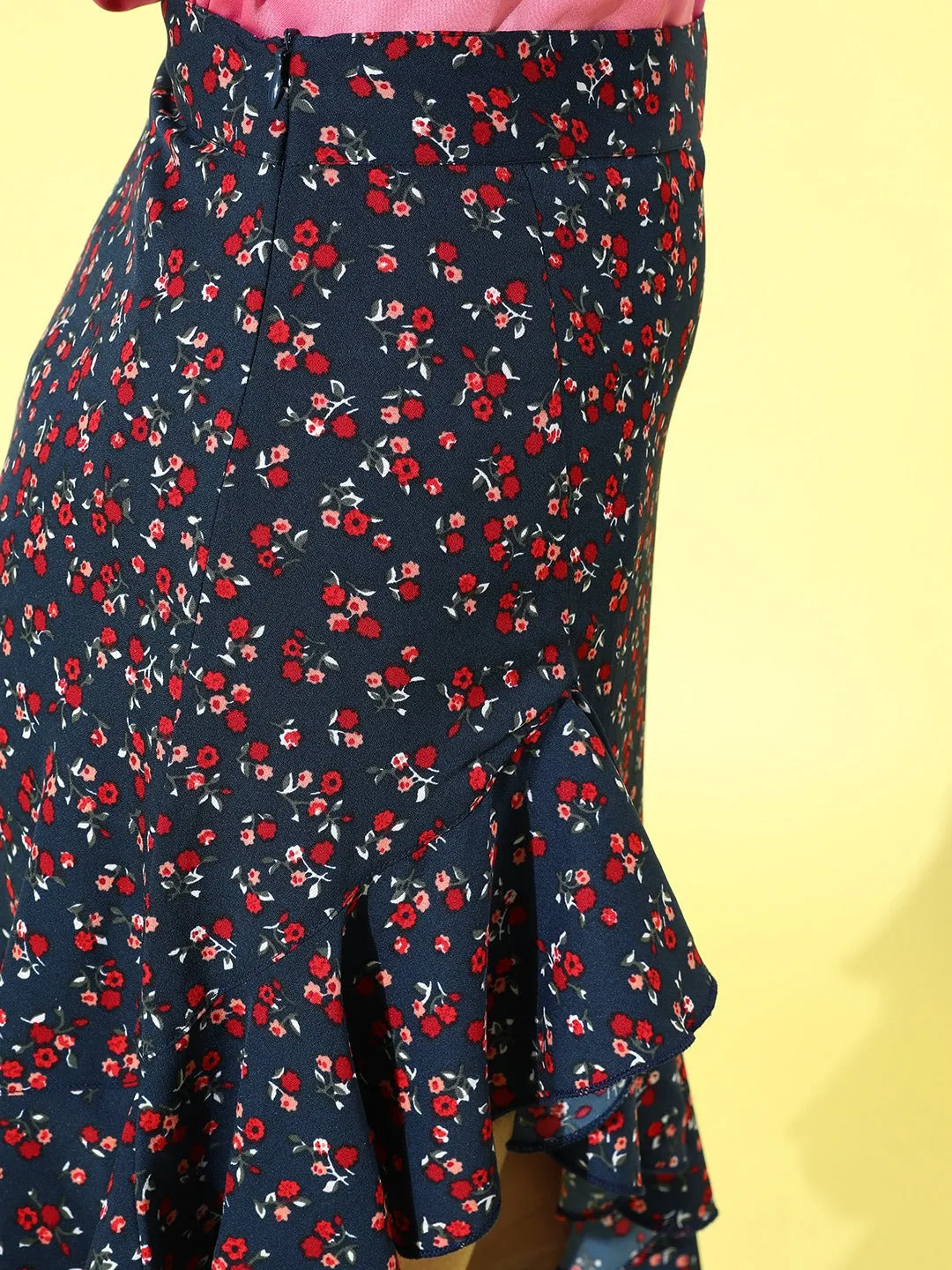 Berrylush Women Navy Blue Floral Asymmetric Hem Ruffled Mini Skirt