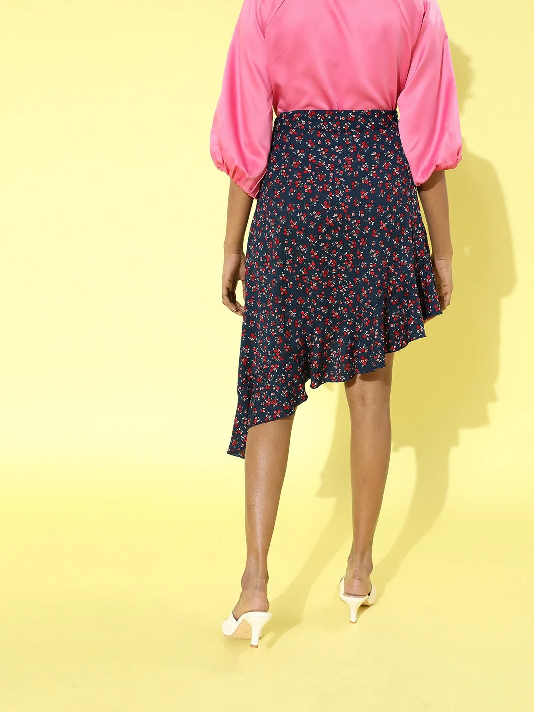 Berrylush Women Navy Blue Floral Asymmetric Hem Ruffled Mini Skirt
