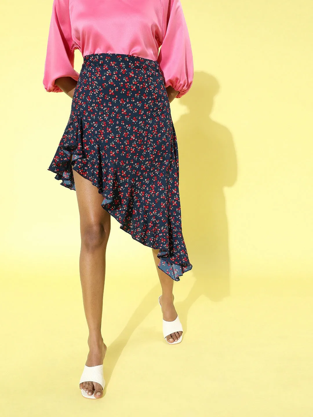 Berrylush Women Navy Blue Floral Asymmetric Hem Ruffled Mini Skirt
