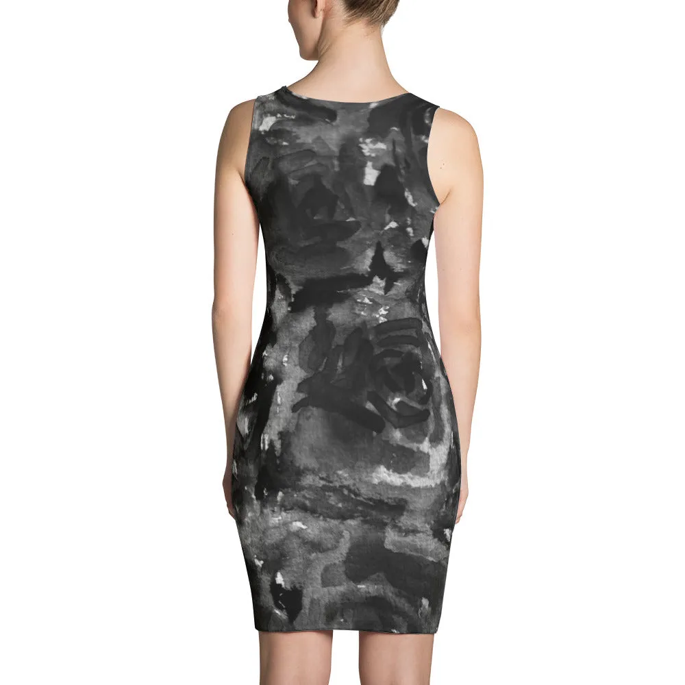 Black Rose Floral Print Dress, Grey Abstract Best Women's Long Sleeveless Designer Dress - Made in USA/EU