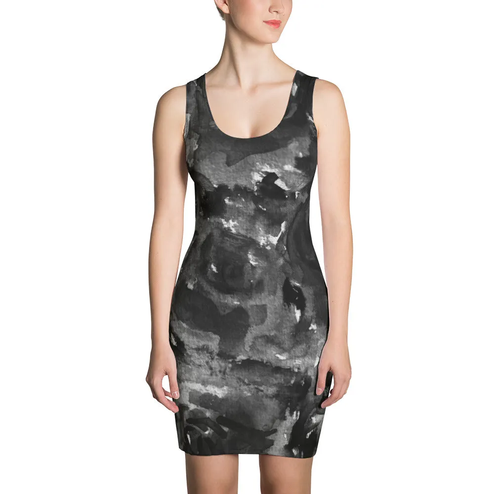 Black Rose Floral Print Dress, Grey Abstract Best Women's Long Sleeveless Designer Dress - Made in USA/EU