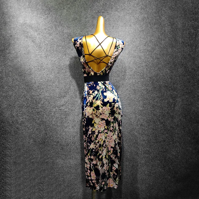 Boat Neck Sleeveless Latin Dress with Mesh