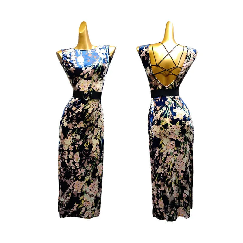 Boat Neck Sleeveless Latin Dress with Mesh