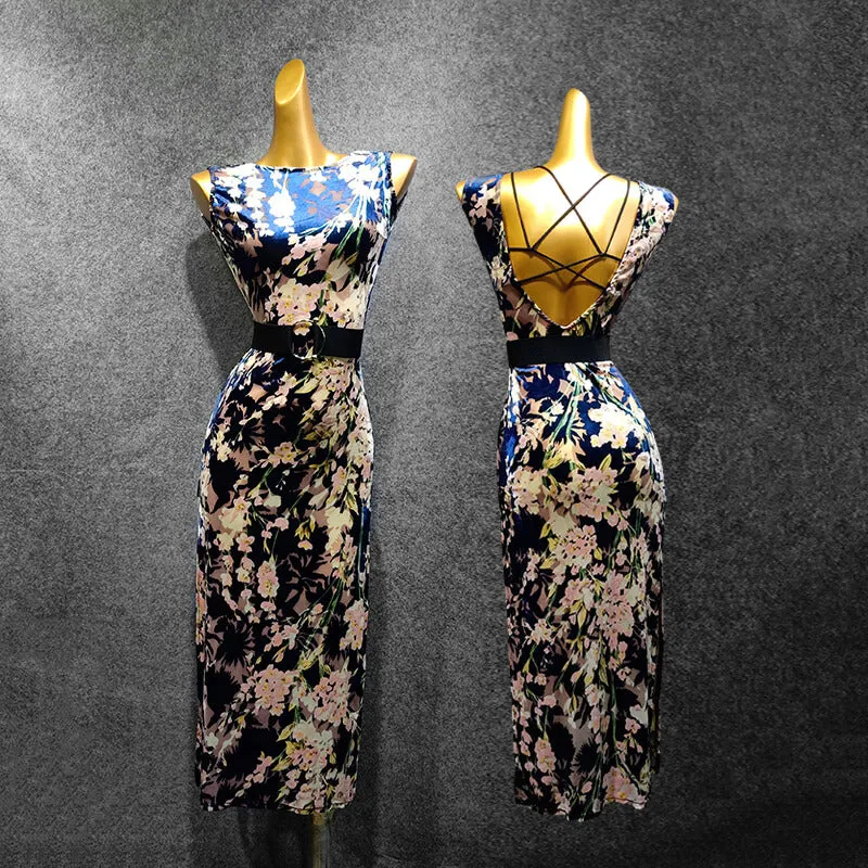 Boat Neck Sleeveless Latin Dress with Mesh