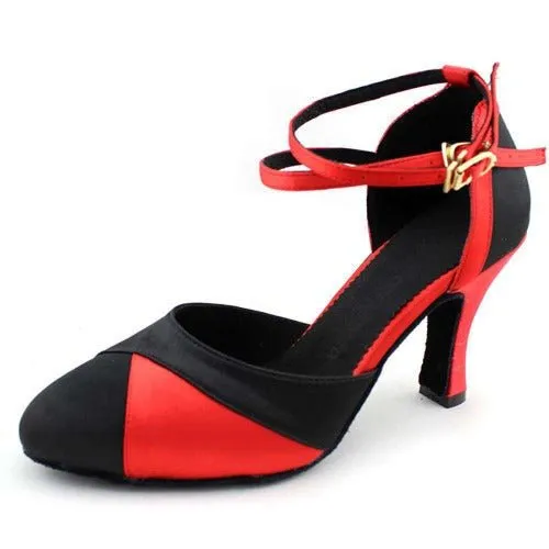 Brigette Red & Black Latin Dance Heels - Closed Toe 2.5 inch