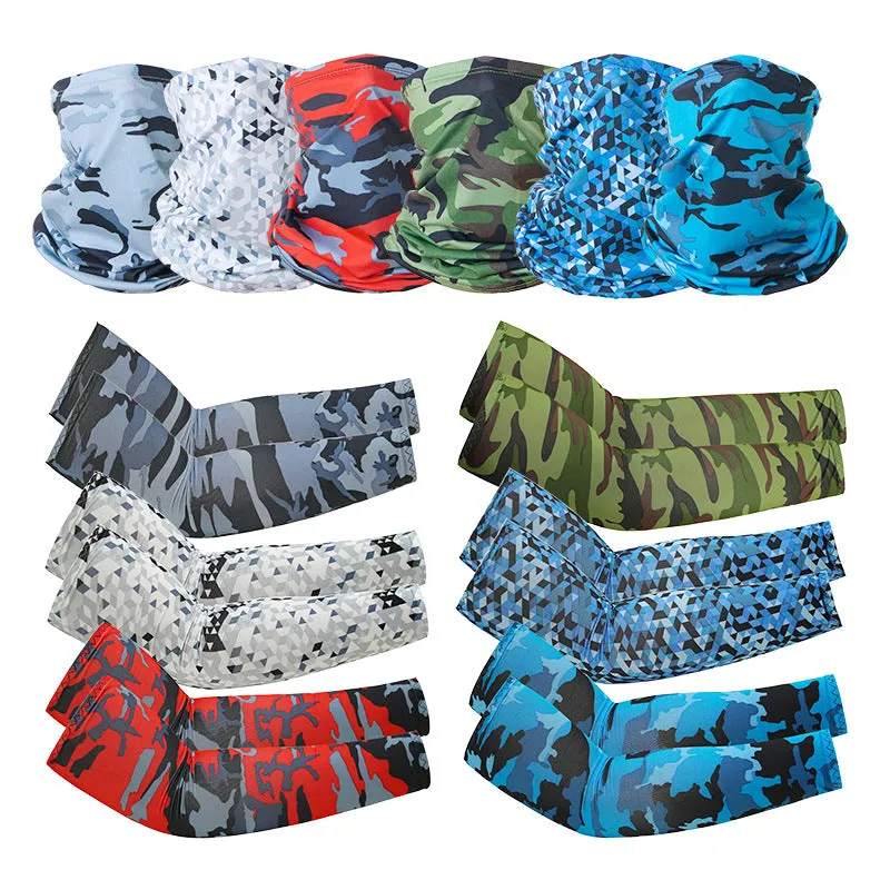 Camouflage Oversleeve Scarf Set Sun Protection Summer Ice Silk Face Mask for Outdoor Cycling
