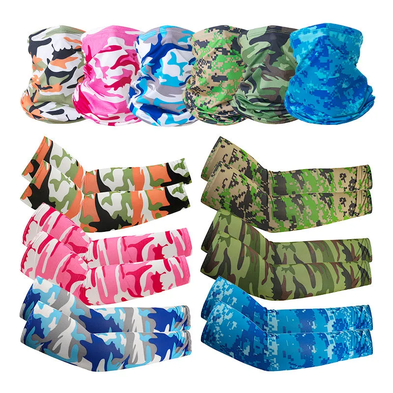 Camouflage Oversleeve Scarf Set Sun Protection Summer Ice Silk Face Mask for Outdoor Cycling