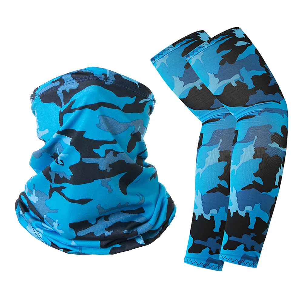 Camouflage Oversleeve Scarf Set Sun Protection Summer Ice Silk Face Mask for Outdoor Cycling