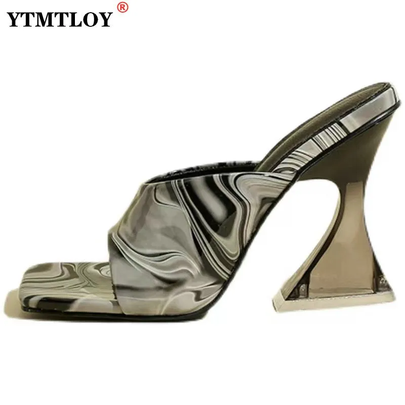Colorful Retro Transparent Strange 8cm 3inch High Heels Woman Slippers Sandals Square Toe Mules Lady Pumps Slides Size 36-43