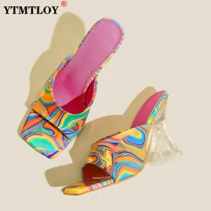 Colorful Retro Transparent Strange 8cm 3inch High Heels Woman Slippers Sandals Square Toe Mules Lady Pumps Slides Size 36-43