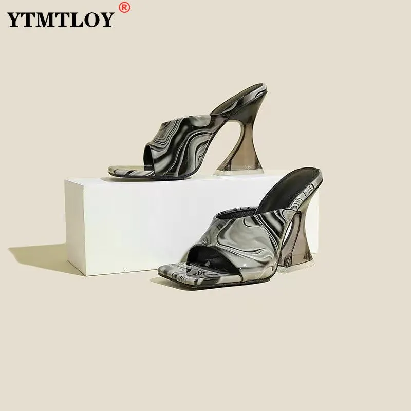 Colorful Retro Transparent Strange 8cm 3inch High Heels Woman Slippers Sandals Square Toe Mules Lady Pumps Slides Size 36-43