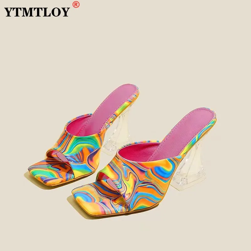 Colorful Retro Transparent Strange 8cm 3inch High Heels Woman Slippers Sandals Square Toe Mules Lady Pumps Slides Size 36-43