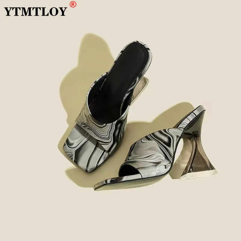 Colorful Retro Transparent Strange 8cm 3inch High Heels Woman Slippers Sandals Square Toe Mules Lady Pumps Slides Size 36-43