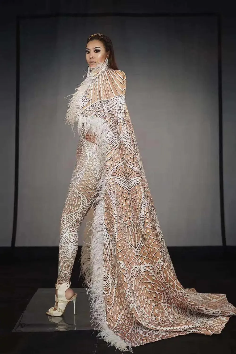 Dazzling Feathered Performance Outfit: Custom 3D Printed Jumpsuit with Stretch Bodysuit
