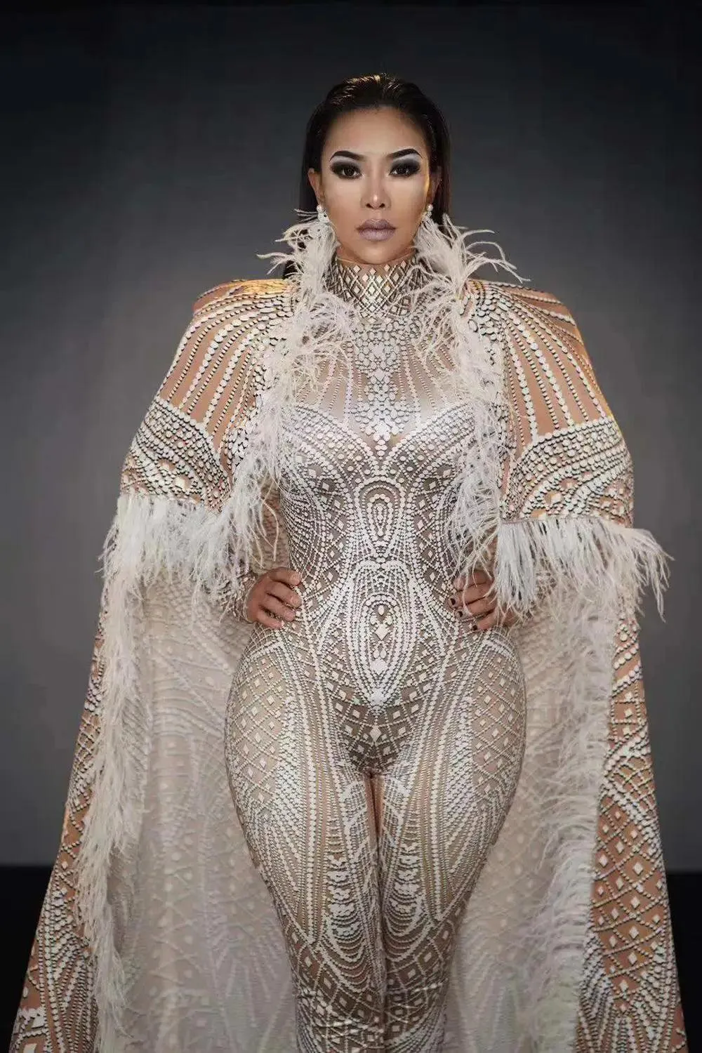 Dazzling Feathered Performance Outfit: Custom 3D Printed Jumpsuit with Stretch Bodysuit