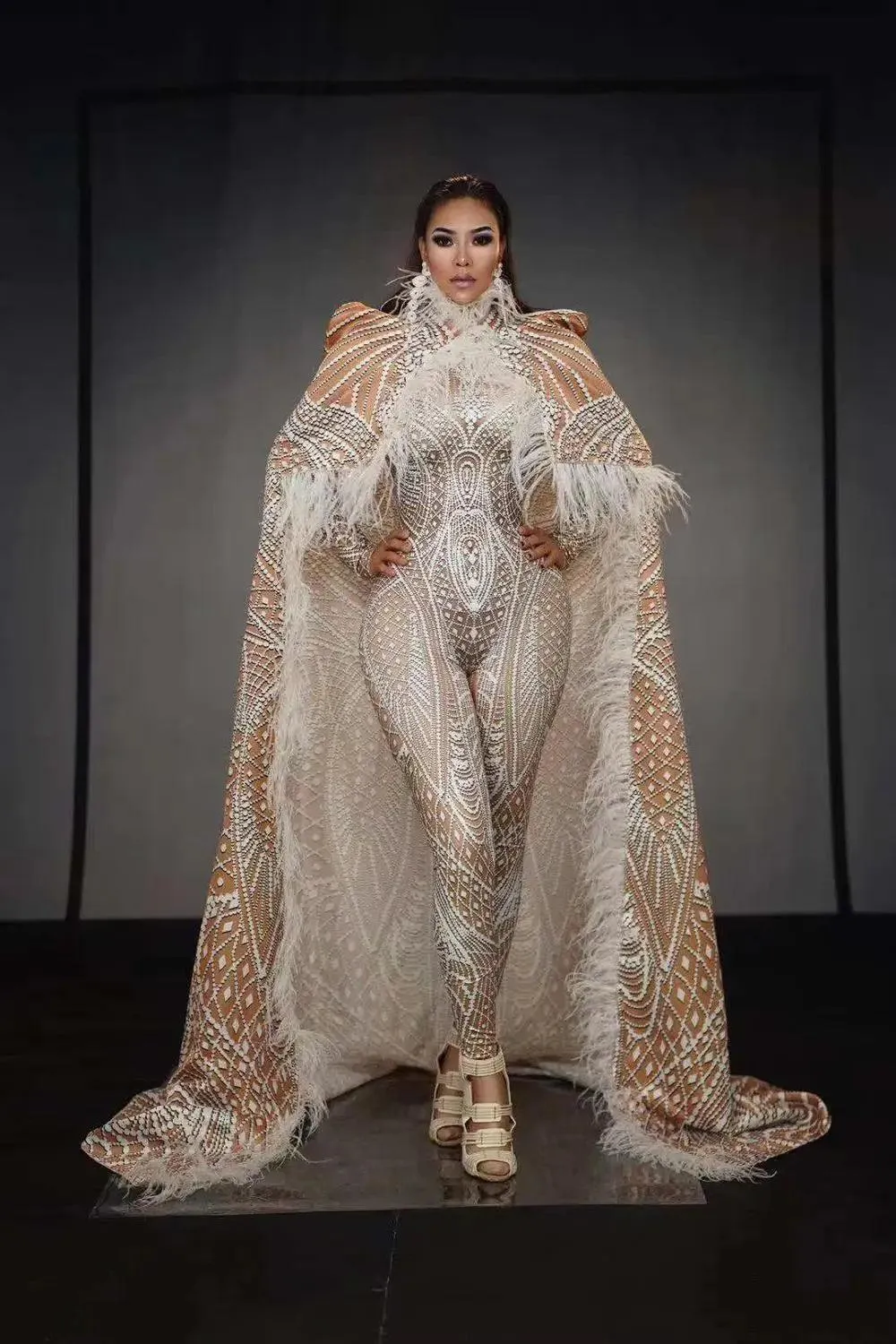 Dazzling Feathered Performance Outfit: Custom 3D Printed Jumpsuit with Stretch Bodysuit