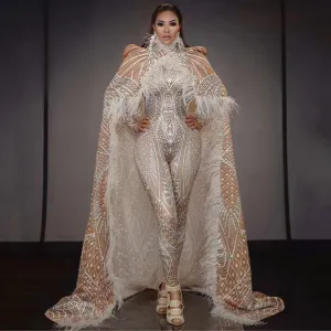 Dazzling Feathered Performance Outfit: Custom 3D Printed Jumpsuit with Stretch Bodysuit