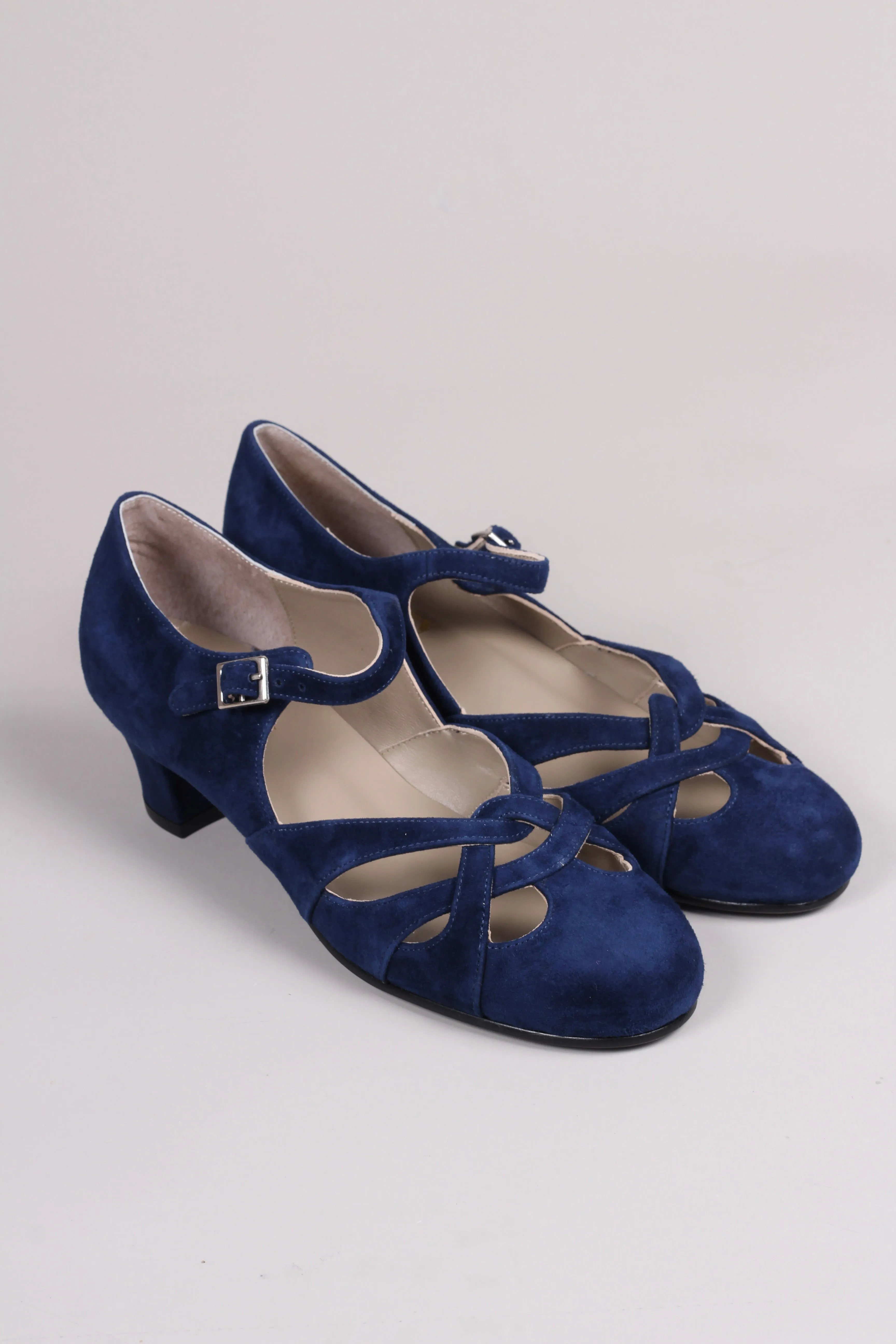 Everyday 1930s /1940s style suede sandals - Navy blue- Ida