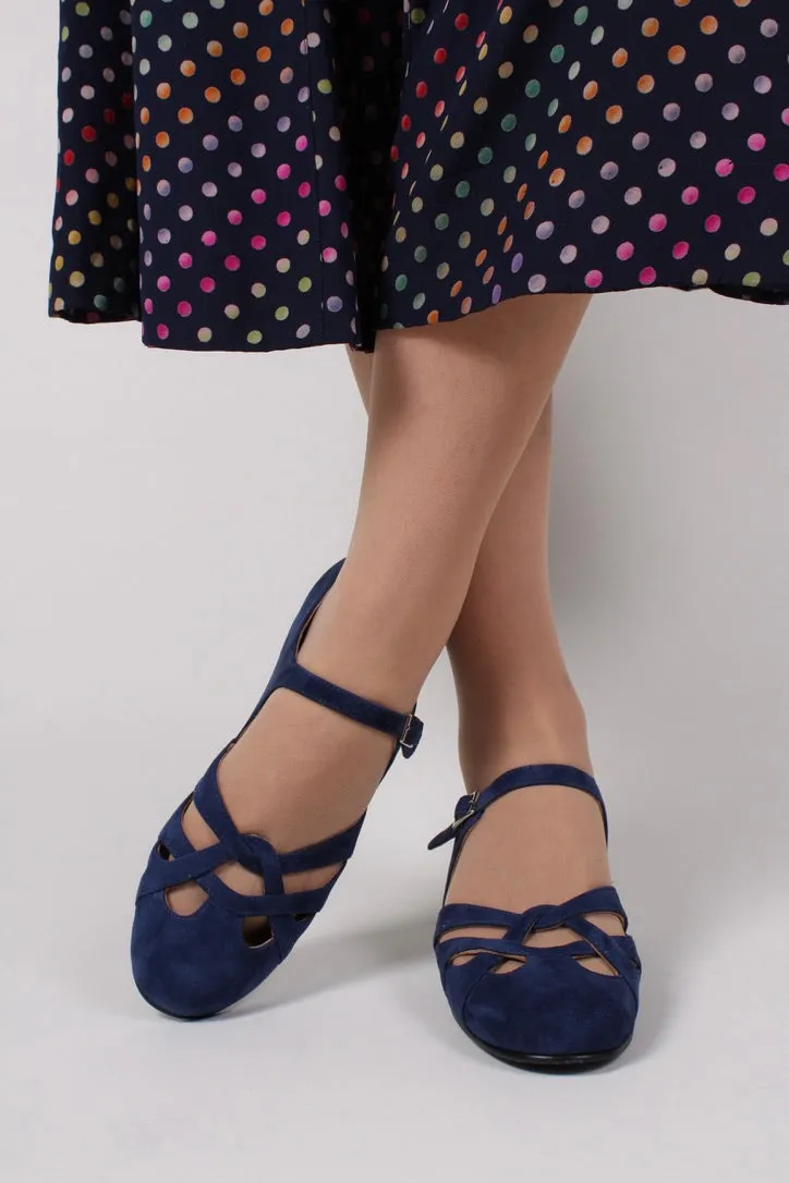 Everyday 1930s /1940s style suede sandals - Navy blue- Ida