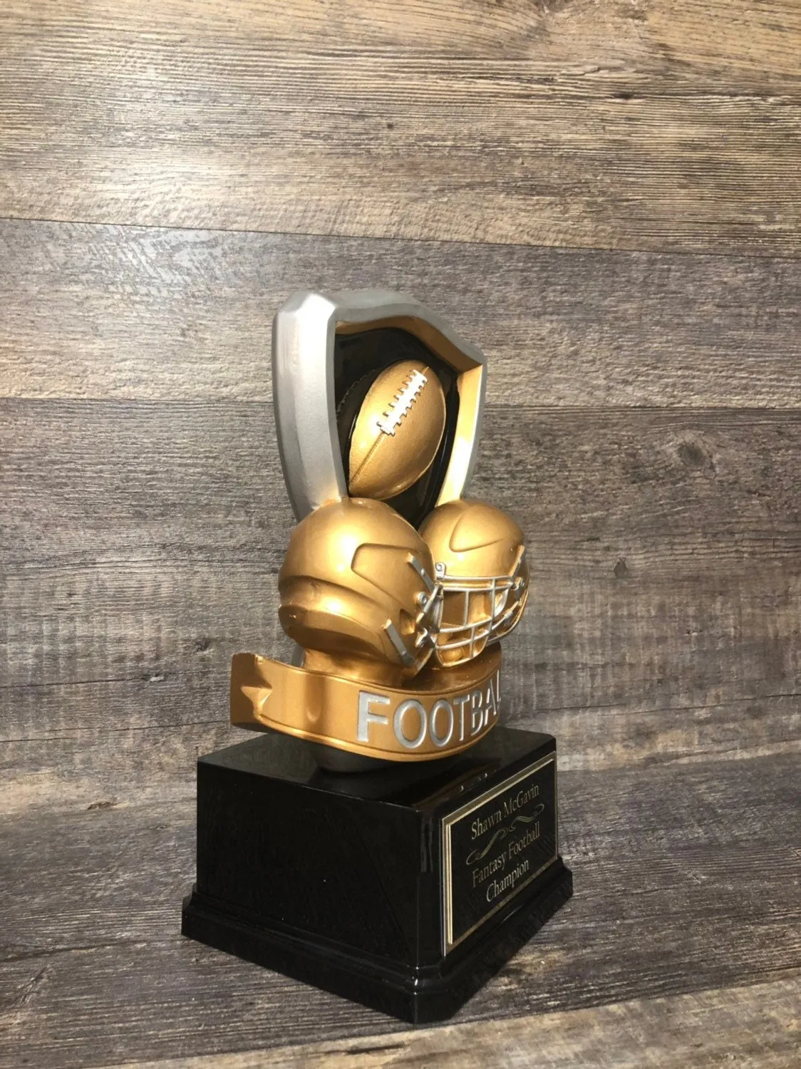 Fantasy Football Trophy ** See DESCRIPTION** Custom FFL Trophy 11" Football Shield Helmets FFL Winner League Champion Champ Award