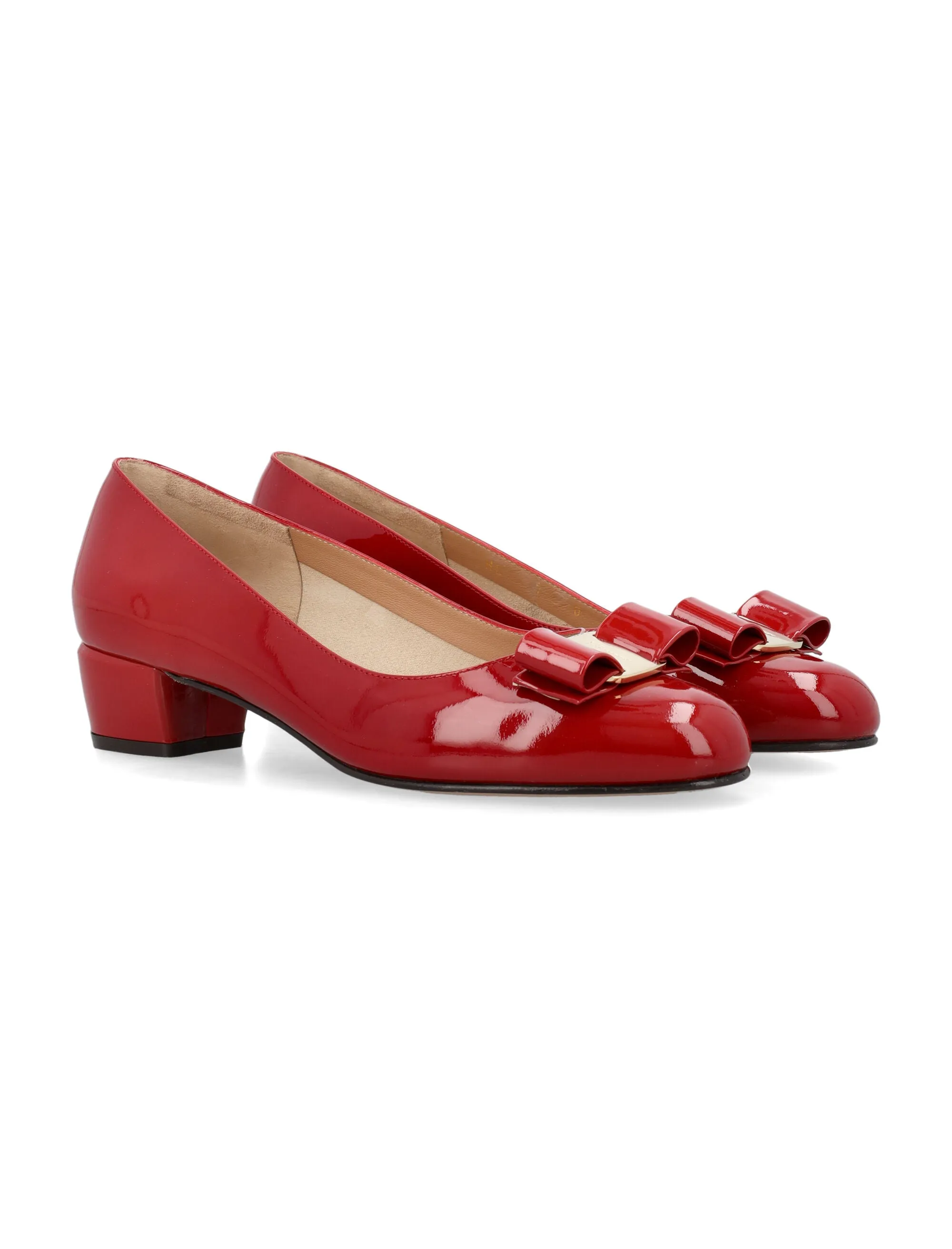 Ferragamo Chic Red Patent Leather Pumps with Iconic Bow - 2 inch Heel