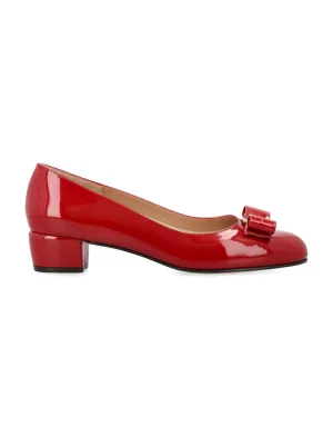 Ferragamo Chic Red Patent Leather Pumps with Iconic Bow - 2 inch Heel