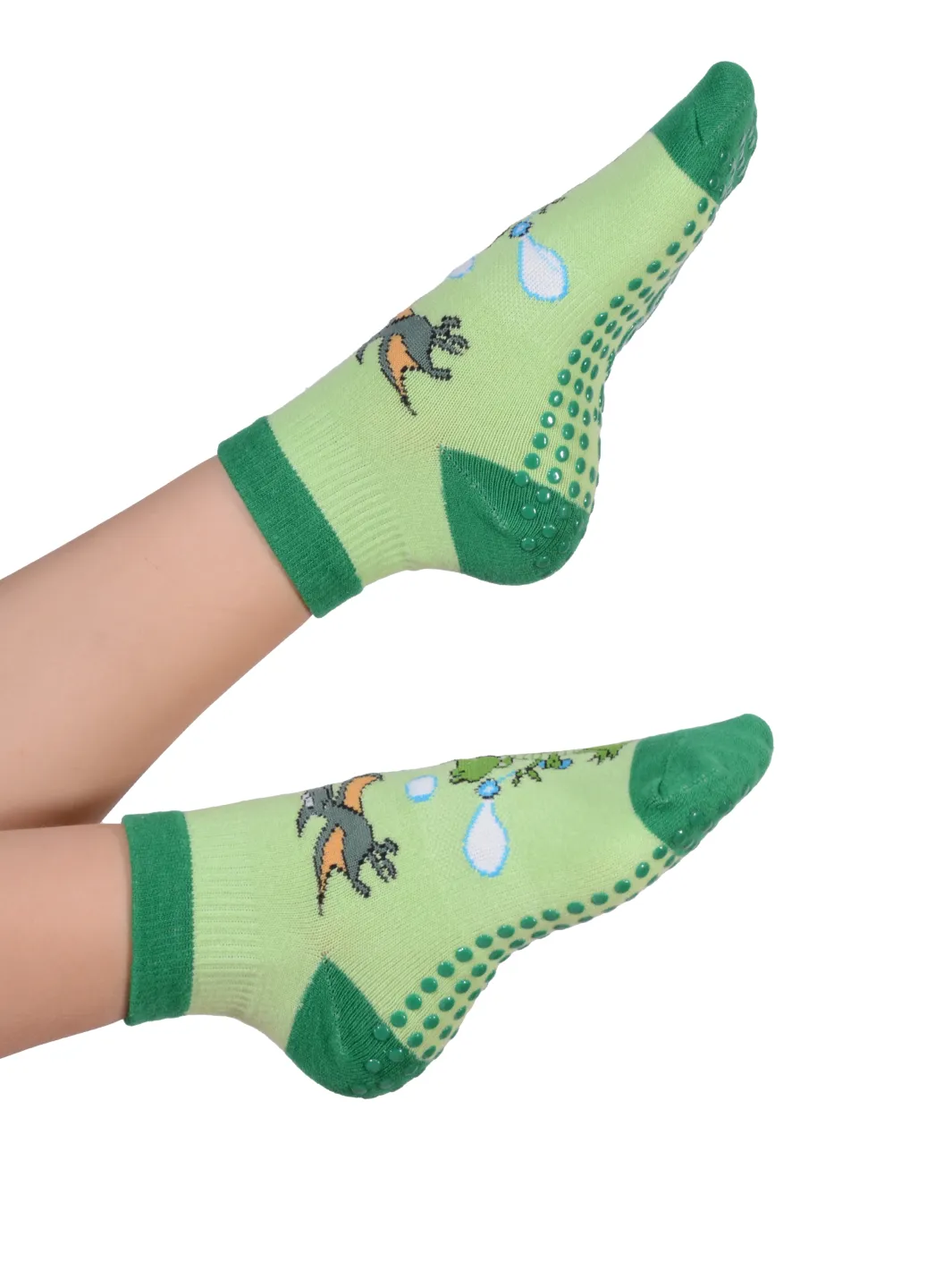FOOTSIS Non Slip Grip Socks for Yoga, Pilates, Barre, Home, Hospital ,Mommy and Me classes "Dinosaur"
