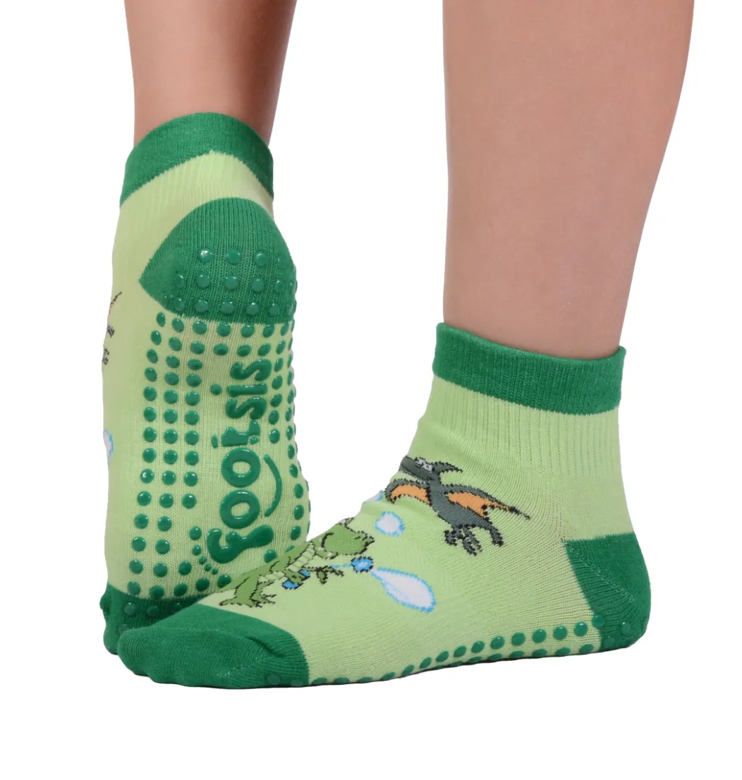 FOOTSIS Non Slip Grip Socks for Yoga, Pilates, Barre, Home, Hospital ,Mommy and Me classes "Dinosaur"