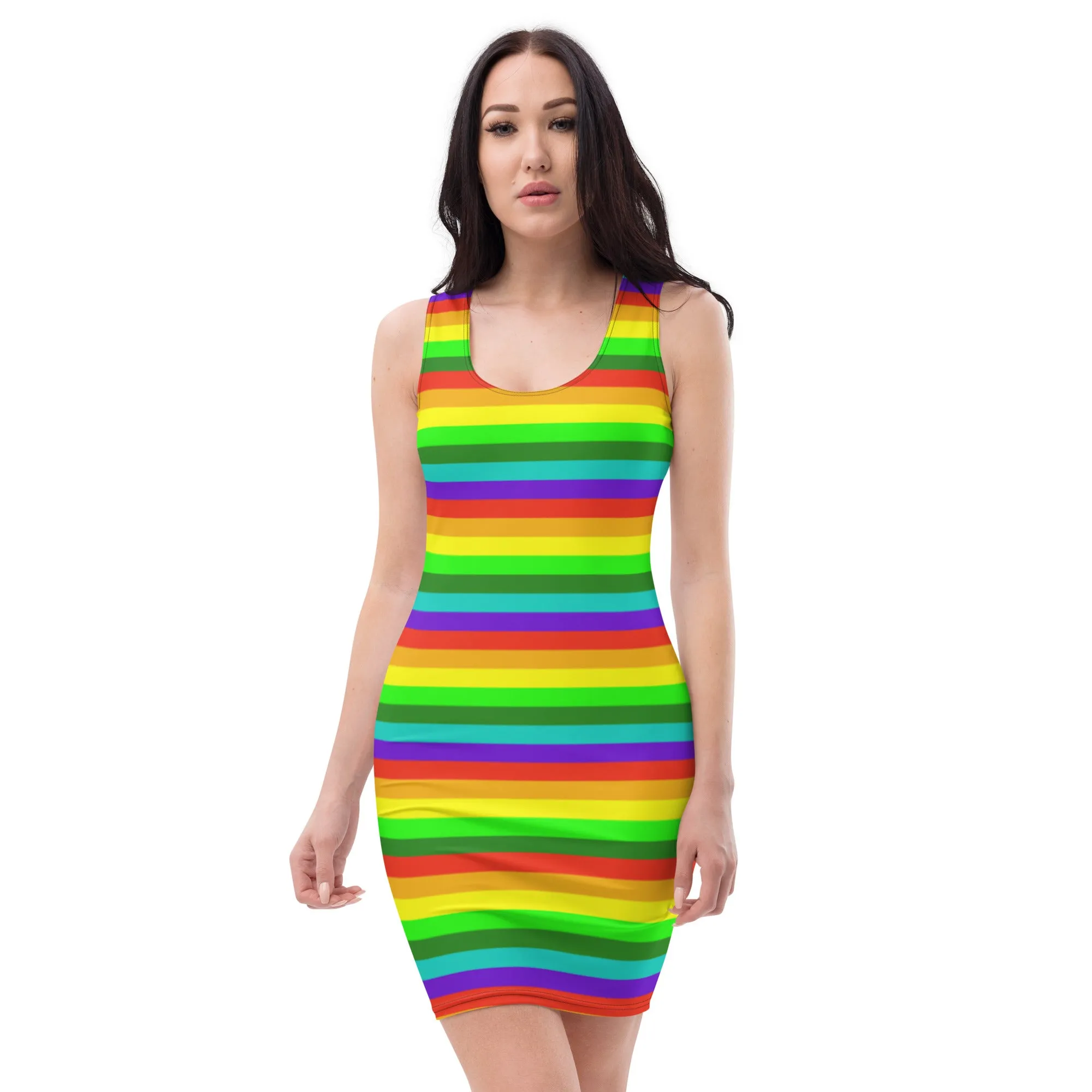Gay Pride Best Designer Dress, Striped Rainbow Print Designer Fitted Sleeveless Women's Dress- Made in USA/EU/MX