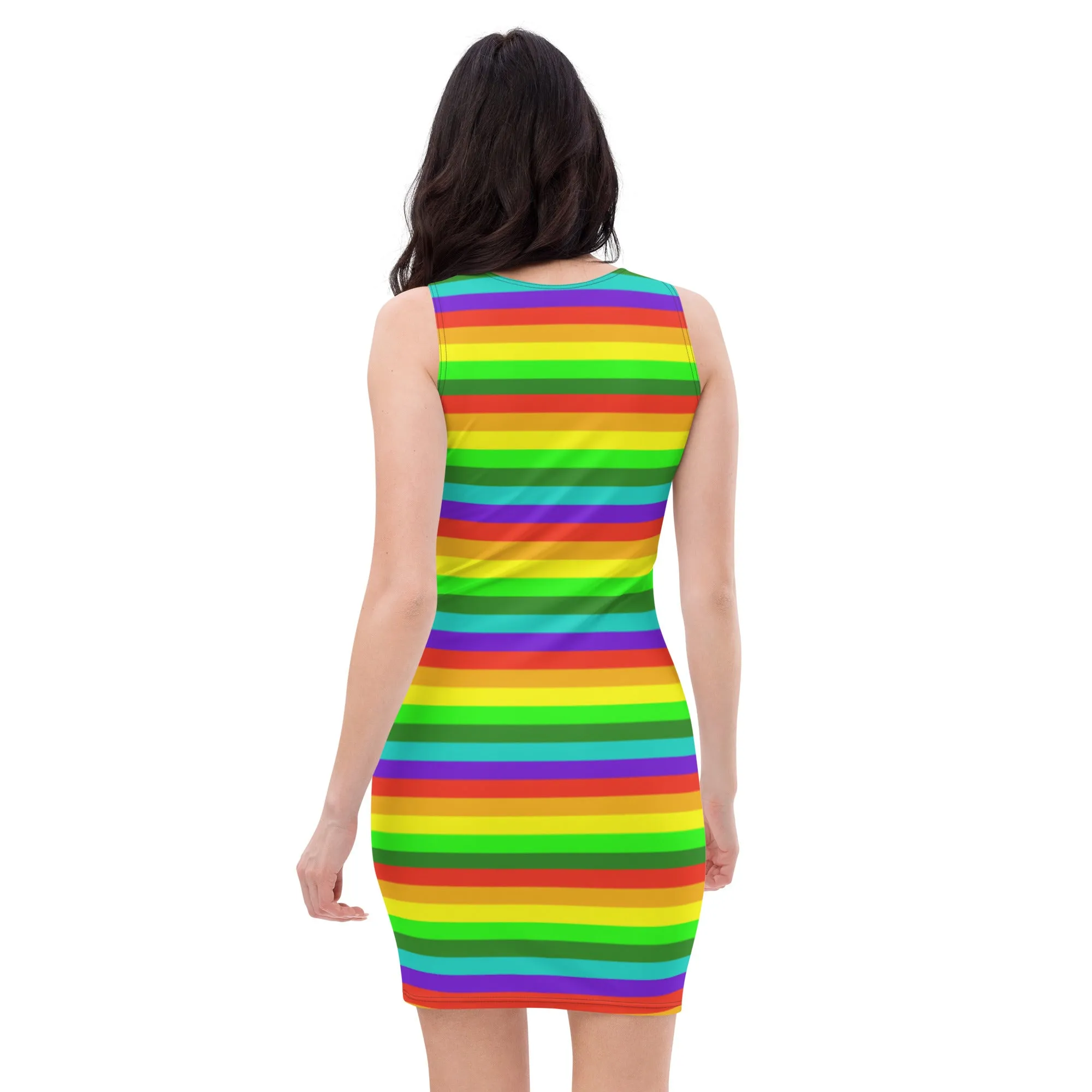 Gay Pride Best Designer Dress, Striped Rainbow Print Designer Fitted Sleeveless Women's Dress- Made in USA/EU/MX