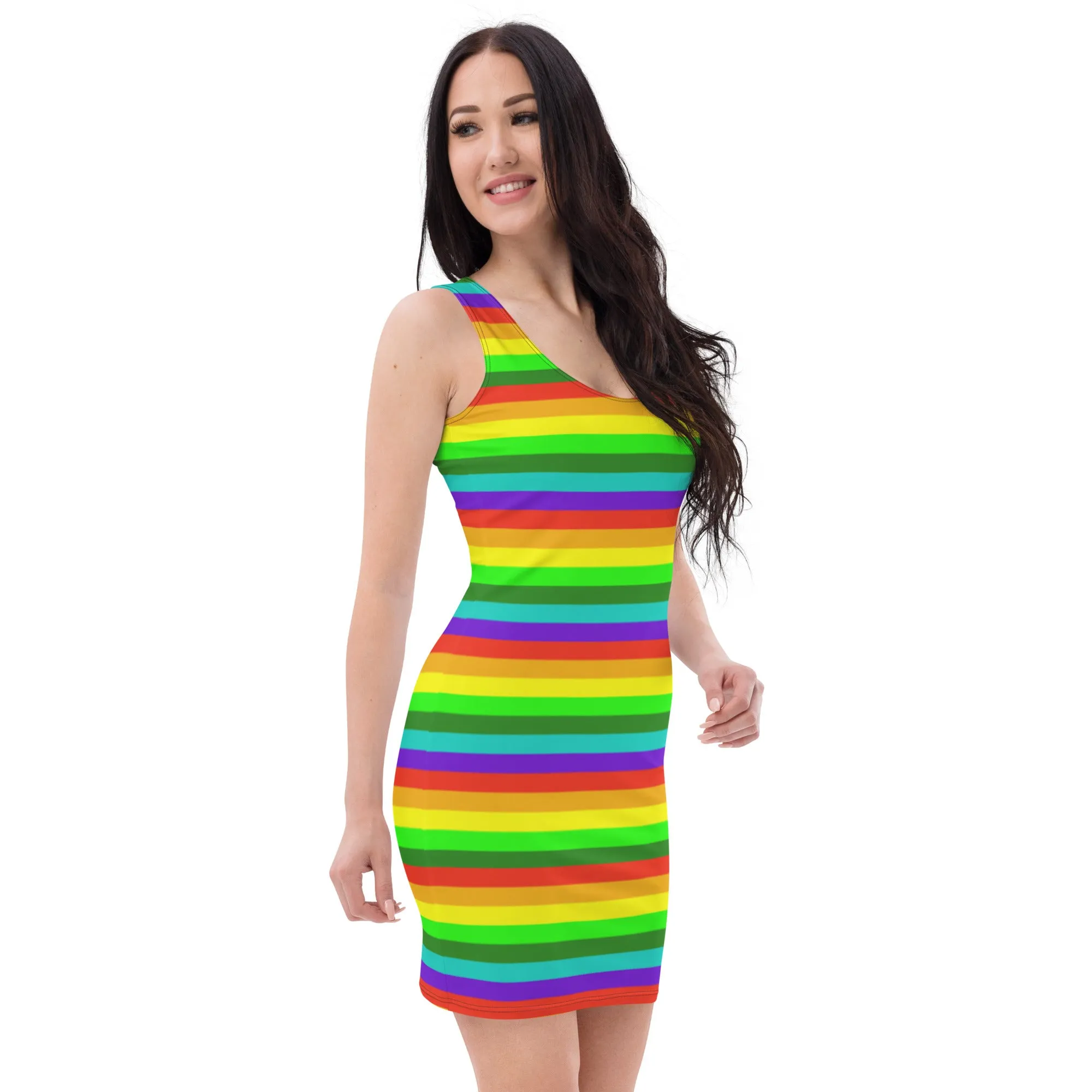 Gay Pride Best Designer Dress, Striped Rainbow Print Designer Fitted Sleeveless Women's Dress- Made in USA/EU/MX