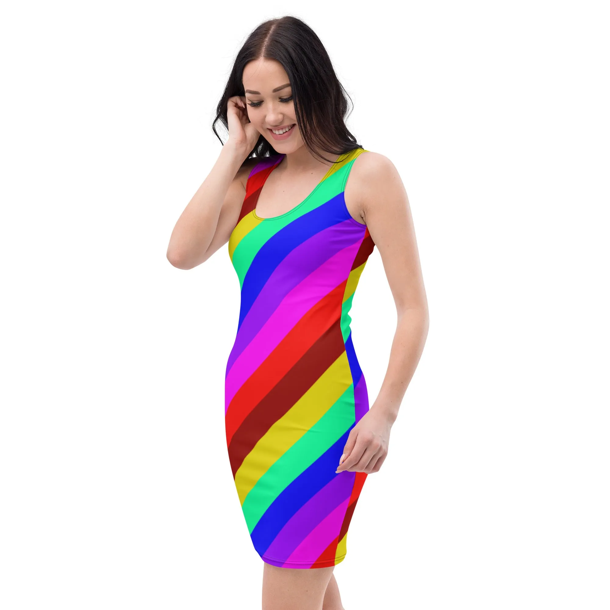 Gay Pride Stripes Dress, Gay Pride Best Rainbow Print Designer Fitted Sleeveless Women's Dress- Made in USA/EU/MX
