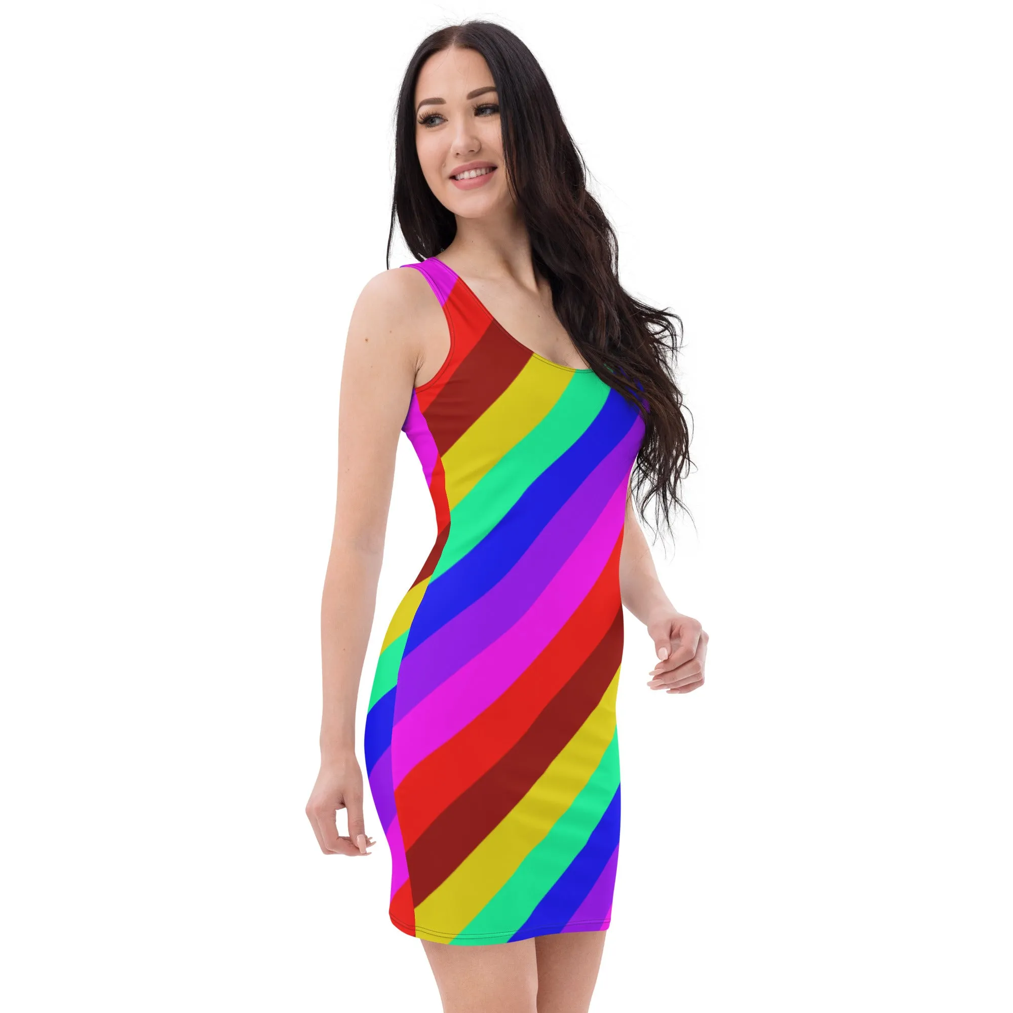 Gay Pride Stripes Dress, Gay Pride Best Rainbow Print Designer Fitted Sleeveless Women's Dress- Made in USA/EU/MX