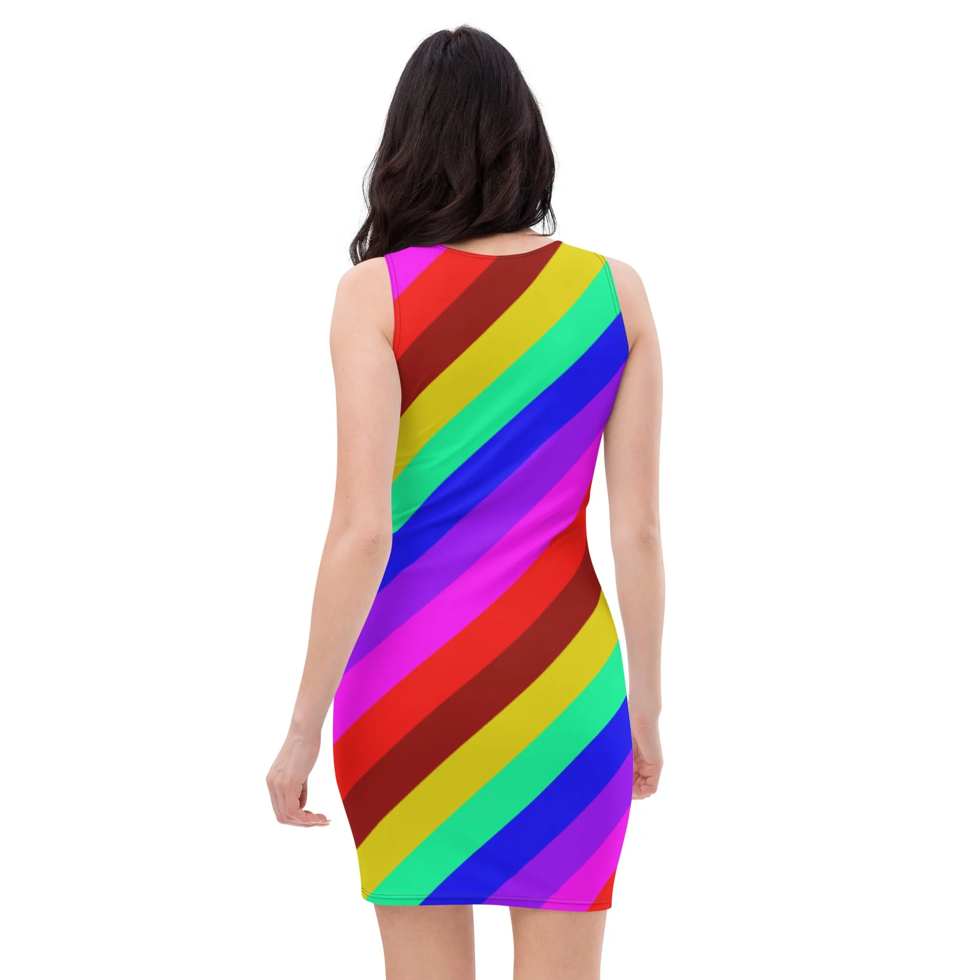Gay Pride Stripes Dress, Gay Pride Best Rainbow Print Designer Fitted Sleeveless Women's Dress- Made in USA/EU/MX