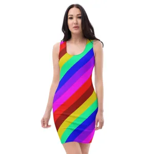 Gay Pride Stripes Dress, Gay Pride Best Rainbow Print Designer Fitted Sleeveless Women's Dress- Made in USA/EU/MX