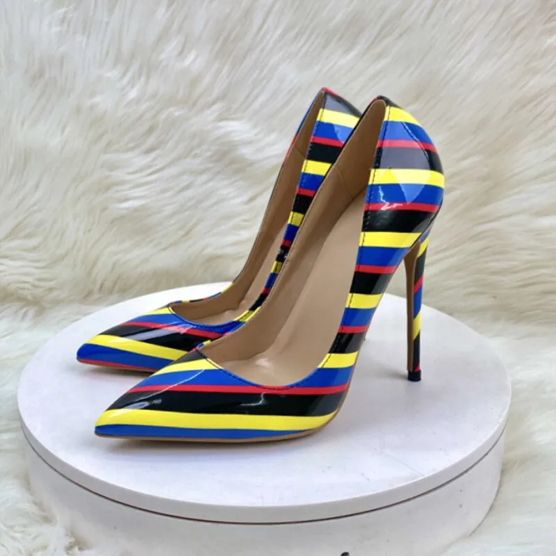 Genuine Leather Retro Stripes Stiletto Pumps