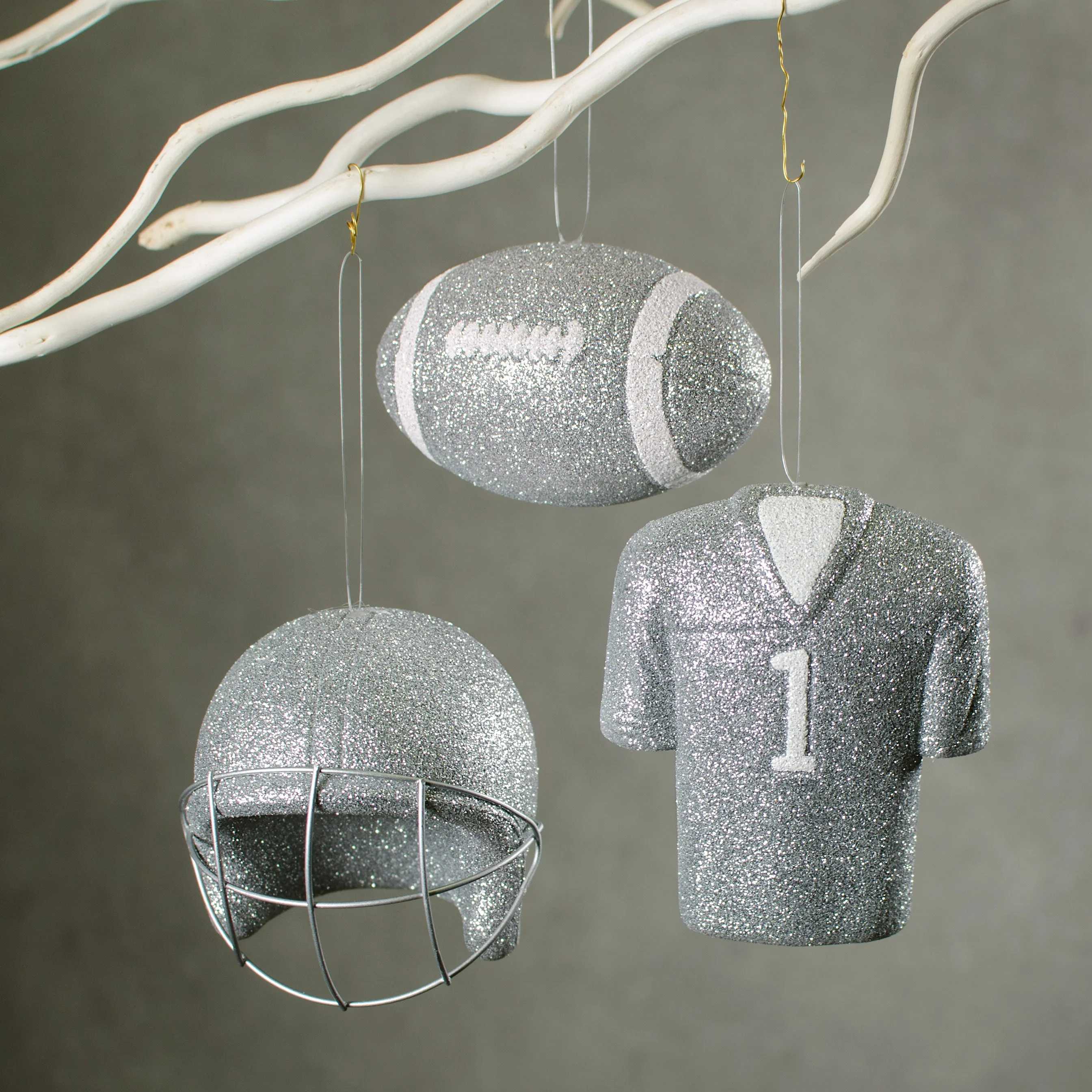 Glitter Football Ornament Assortment: Silver & White (Set of 3)