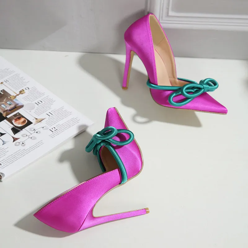 Gorgeous Fuchsia Pointed Toe High Heel Pumps with Teal Knot Accents