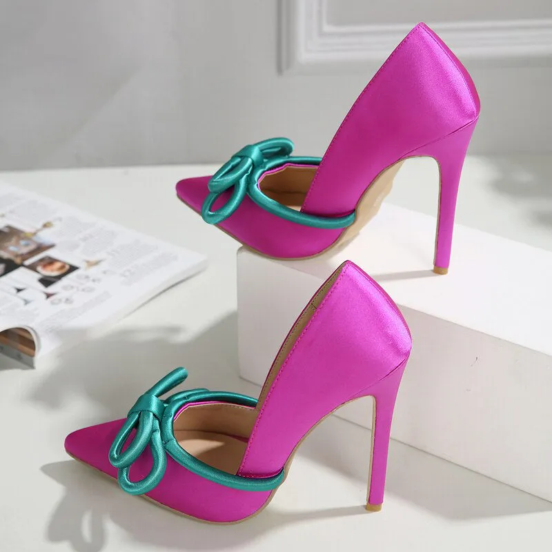 Gorgeous Fuchsia Pointed Toe High Heel Pumps with Teal Knot Accents