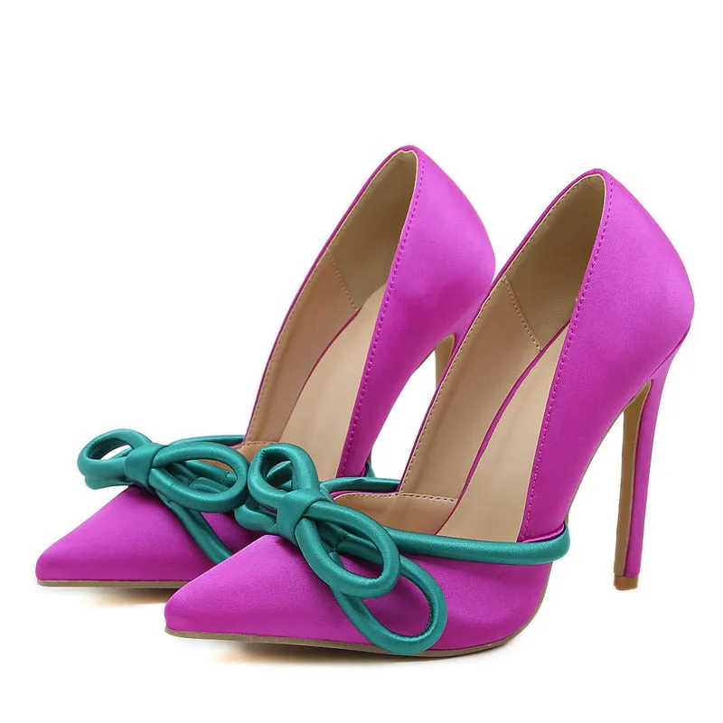 Gorgeous Fuchsia Pointed Toe High Heel Pumps with Teal Knot Accents