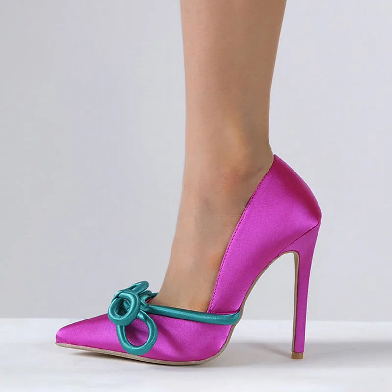 Gorgeous Fuchsia Pointed Toe High Heel Pumps with Teal Knot Accents