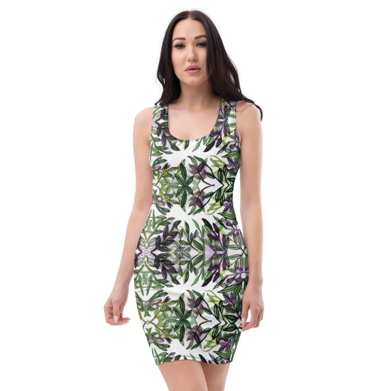 Green Tropical Leaf Print Dress, Women's Designer Sleeveless Hawaiian Style Dress-Made in USA/EU