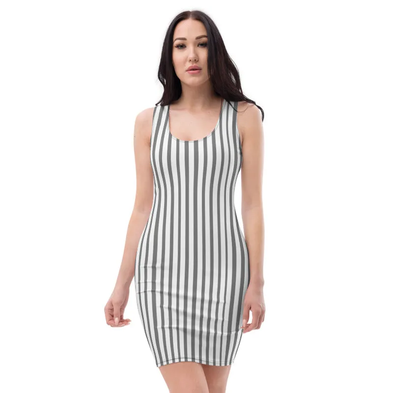 Grey Vertically Striped Women's Dress, Modern Classic Sleeveless Dress - Made in USA/EU