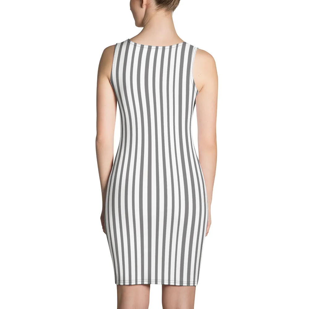 Grey Vertically Striped Women's Dress, Modern Classic Sleeveless Dress - Made in USA/EU